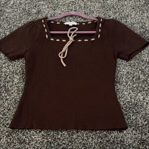 Gilli Chocolate Brown Ribbed Short Sleeve Top